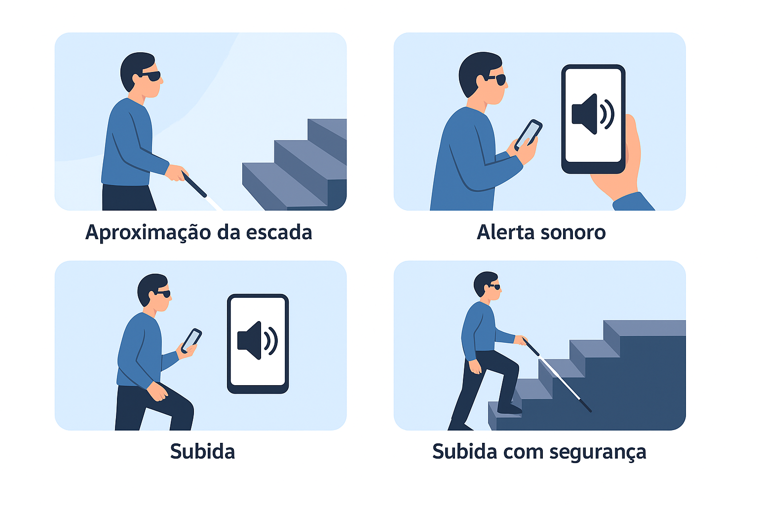 Quadros mostrando aproximação da escada, alerta sonoro e subida com segurança.
